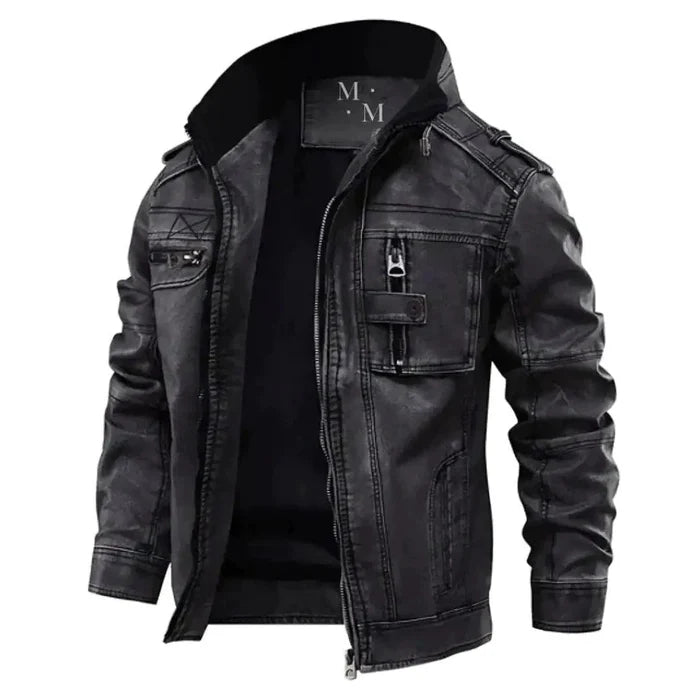 Elegant MANDOTOS premium leather jacket with a stylish cut, featuring smooth leather and detailed stitching on a mannequin.