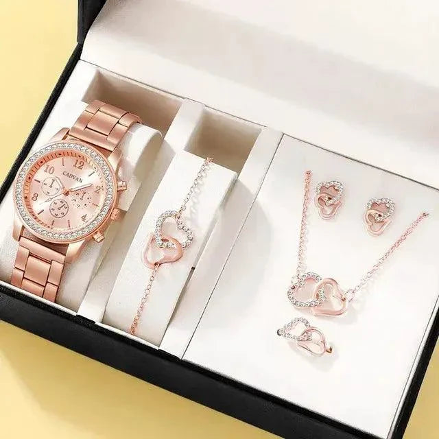 Elegant rose gold watch ensemble by MANDOTOS featuring a stylish watch with matching accessories on a white background.