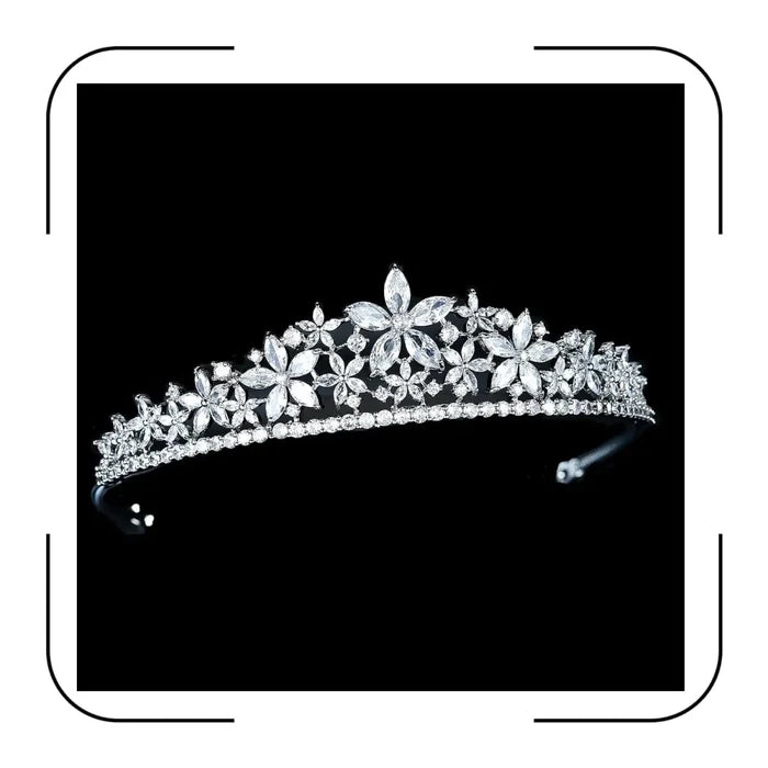 Elegant zircon bridal tiara with intricate silver detailing, perfect for wedding ceremonies, by MANDOTOS INTERNATIONAL.