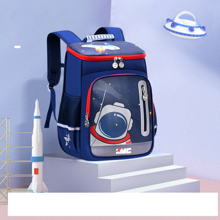Blue kids backpack with astronaut design, space theme, rocket and UFO decor, perfect for school or travel