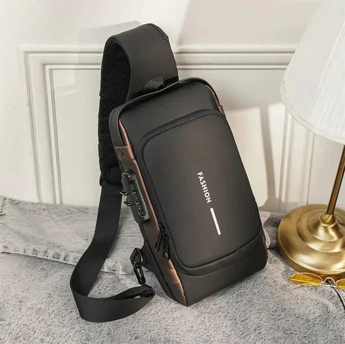 Mandotos Elite Leather Sling Bag showing front view with adjustable strap and sleek design, ideal for casual or formal use.