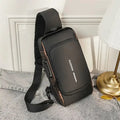 Mandotos Elite Leather Sling Bag featuring a sleek black design, adjustable strap, and compact storage for everyday essentials.