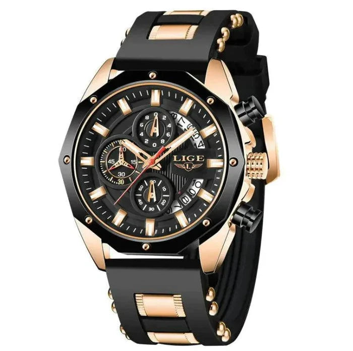 Mandotos Elite Silicone Sports Chronometer displaying digital time and stopwatch functions on a black silicone wristband