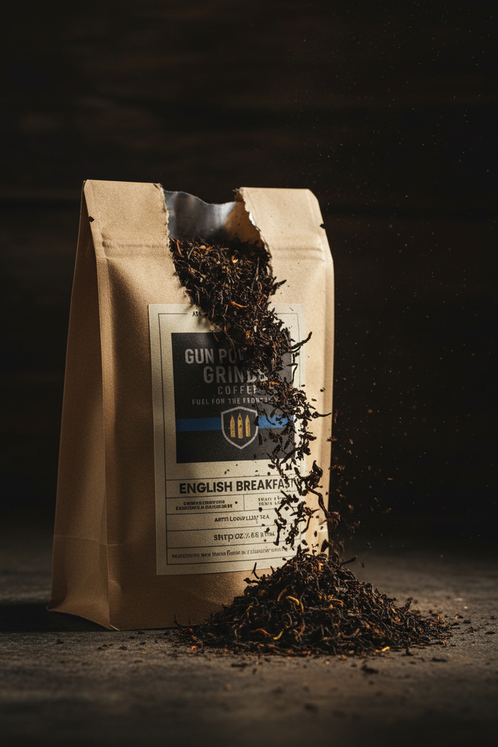 Gun Powder Grinds English Breakfast close-up with tea spilling
