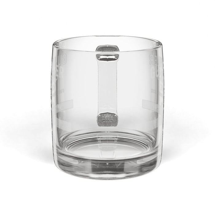 Clear glass tumbler with a metal accent on a white background