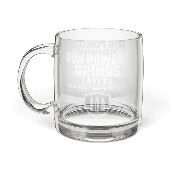 Clear glass mug with text and logo on a white background
