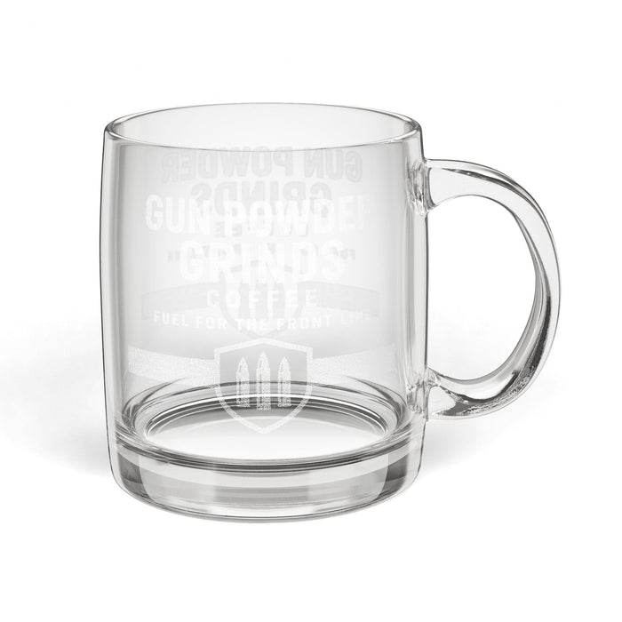 Clear glass mug with text and logo on a white background
