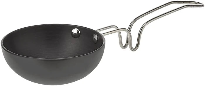 Eris Mini Black Anodized Fry/Tadka Pan by Mandotos International, 4.75-inch size, with black anodized finish and ergonomic handle.