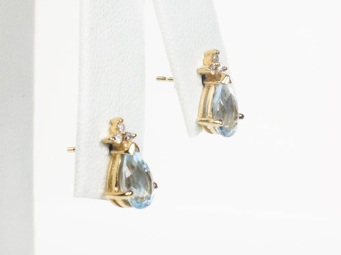 Estate 14k Yellow Gold Teardrop Cut Topaz and Diamond Stud Earrings