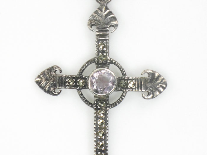 Estate Sterling Silver Large Purple Amethyst and Marcasite Cross Pendant Necklace 24"
