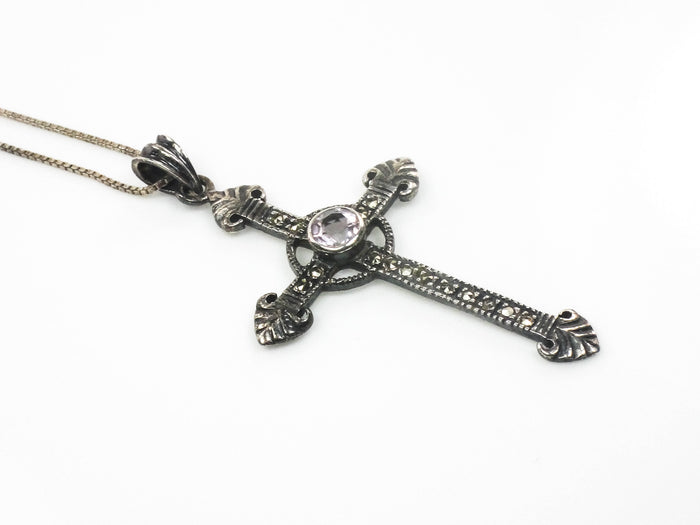 Estate Sterling Silver Large Purple Amethyst and Marcasite Cross Pendant Necklace 24"
