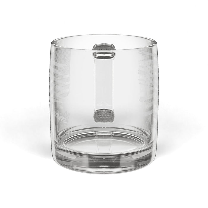 Clear glass tumbler with a handle on a white background