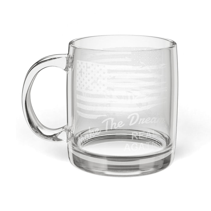 Clear glass mug with text on a white background