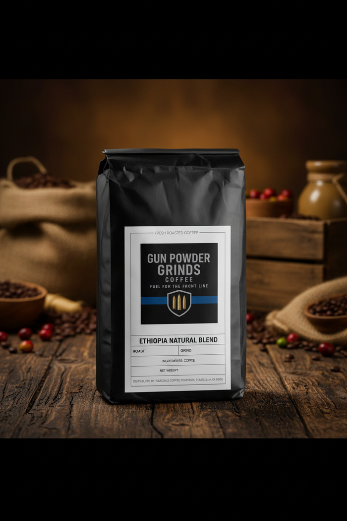 Gun Powder Grinds Ethiopia Natural on wooden surface
