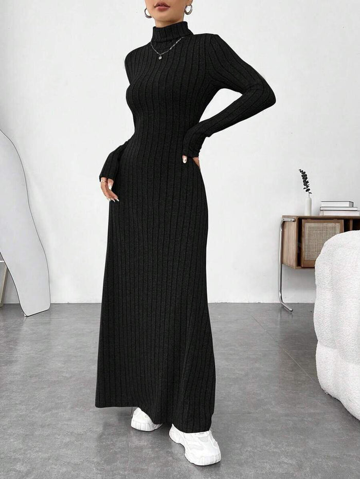 Mandotos International European and American cross-border autumn and winter dress for women, slim-fitting, high collar, long sleeves, solid color