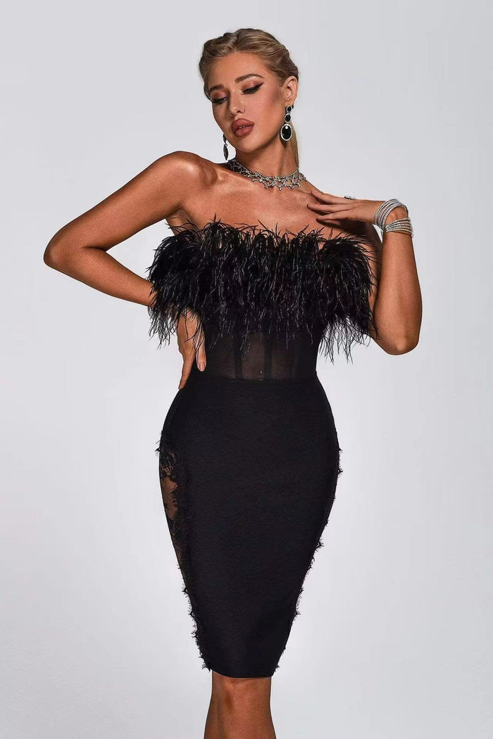 European And American Tube Top Ostrich Feather One-piece Dress