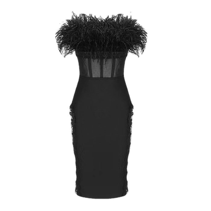 European And American Tube Top Ostrich Feather One-piece Dress