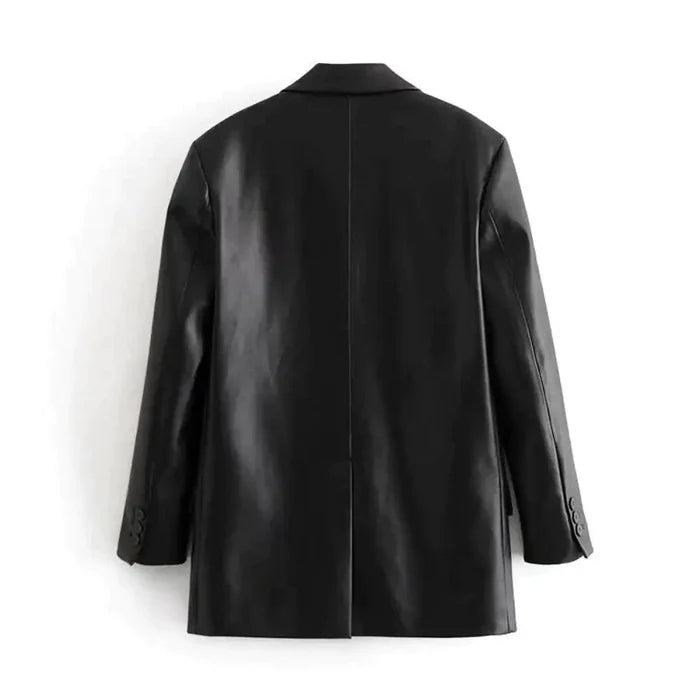 Mandotos Farah faux leather blazer featuring a tailored fit, lapel collar, and sleek black finish on a model.
