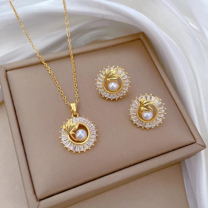 Mandotos fashion jewelry set with square full diamond round ring, leaf necklace, and matching earrings, elegant and personalized.