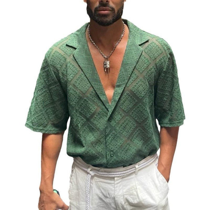 Ancient Energy men's short-sleeve casual shirt with hollow-out breathable design and lapel collar, ideal for stylish summer wear.