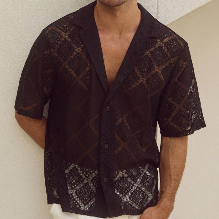Ancient Energy men's casual short-sleeved shirt with a hollow-out breathable design and lapel collar, suitable for summer wear.