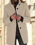 Mandotos women's woolen coat with stand collar, pockets, and button closure, suitable for fall and winter casual wear.
