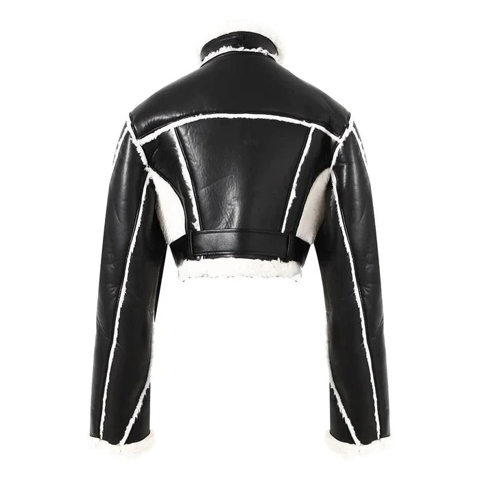 Mandotos faux leather cropped jacket shown on a hanger, featuring a stylish short design with a smooth black finish.