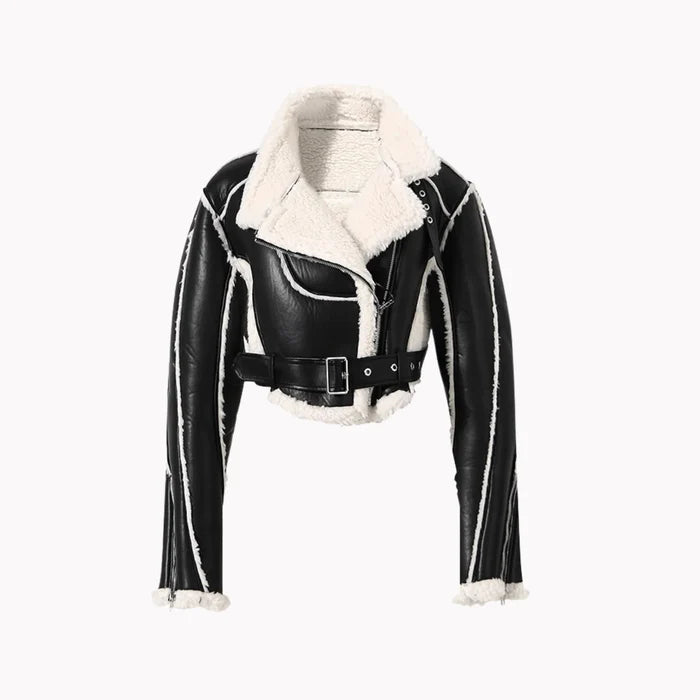 Mandotos faux leather cropped jacket with collar and long sleeves, stylish and fitted for a trendy look.