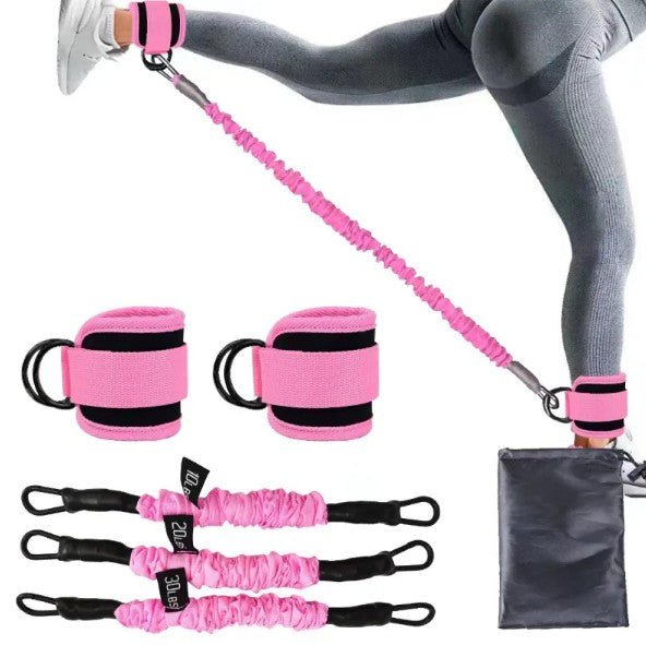 Mandotos International FlexFit ankle resistance bands on a white background, showing their stretchable, durable design for exercise.