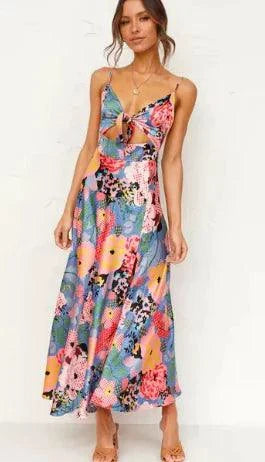 Mandotos floral boho chic midi dress with a flowing silhouette and vibrant floral pattern, perfect for casual or bohemian style.