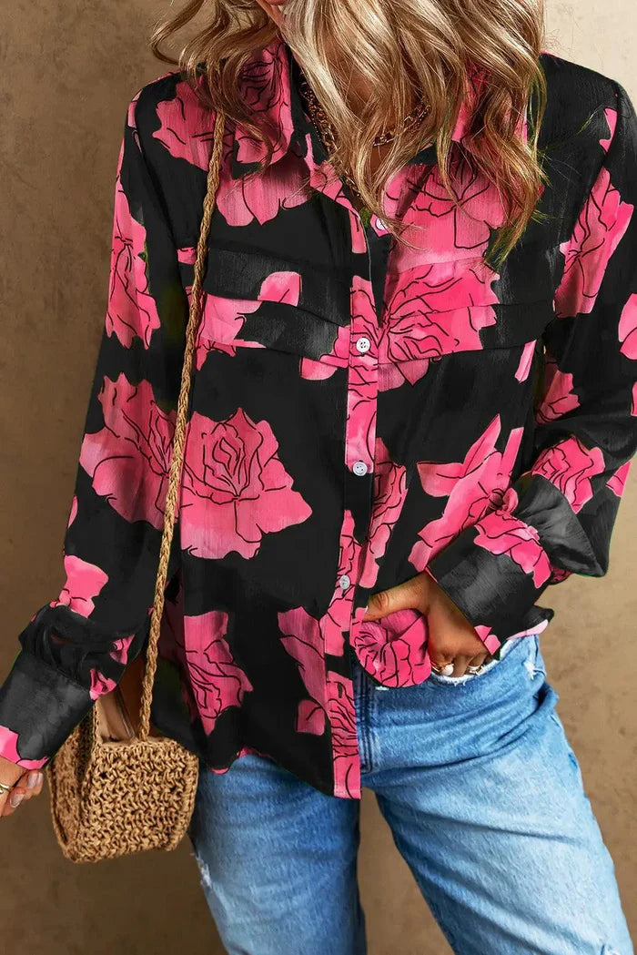 Mandotos Floral Elegance long sleeve shirt featuring a vibrant floral print and classic fit, displayed on a hanger.