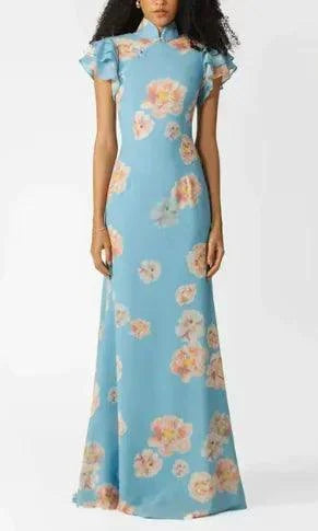 Mandotos Floral Elegance Puff Sleeve Dress with a fitted bodice, floral print, and puffed sleeves, perfect for spring or summer occasions.
