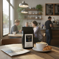 Gun Powder Grinds on cafe table with latte