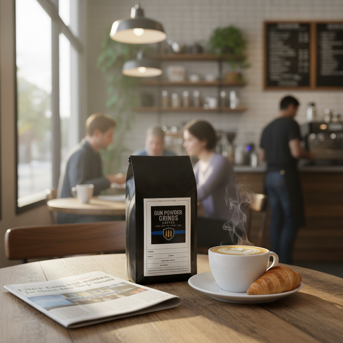 Gun Powder Grinds on cafe table with latte