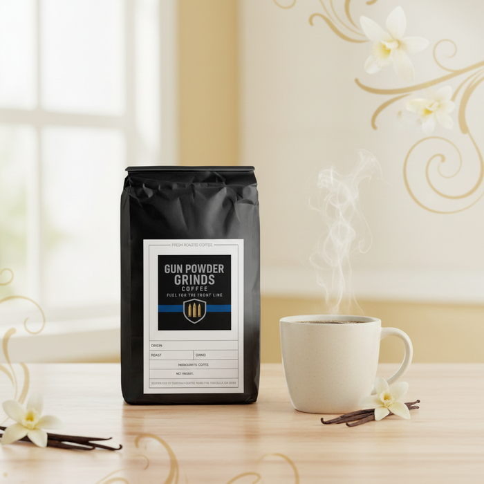 Gun Powder Grinds French Vanilla with steaming mug