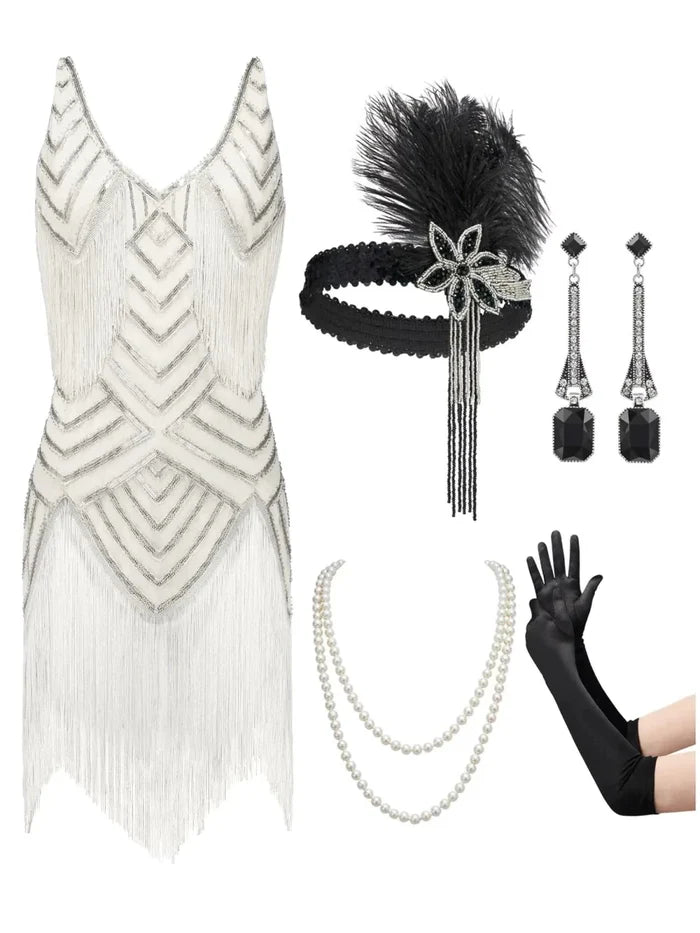 White Gatsby Glam 1920s women's flapper dress and accessories set by Mandotos International, small size, with fringe and beaded details.