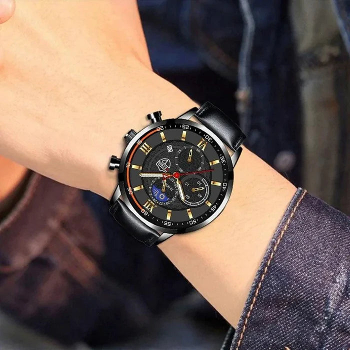 Mandotos men's classic leather wristwatch with round dial and black leather strap, stylish and elegant timepiece for gentlemen.