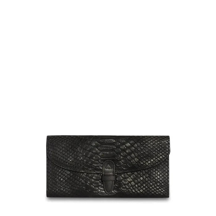 Black genuine leather wallet with removable pouch from MANDOTOS, featuring multiple card slots and a sleek, compact design.