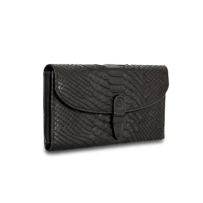 Black genuine leather wallet with removable pouch by MANDOTOS, showing the sleek design and textured leather surface.
