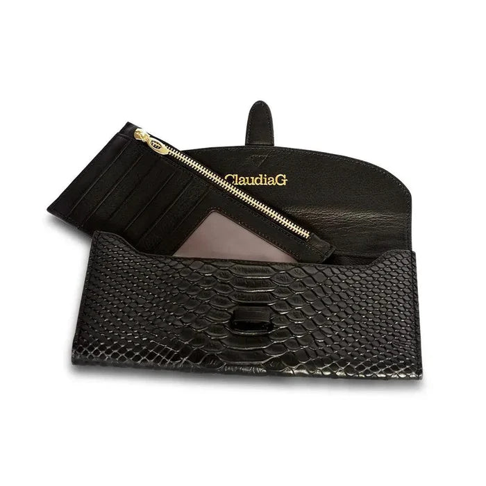Black genuine leather wallet with removable pouch from MANDOTOS, featuring multiple card slots and a sleek, stylish design.