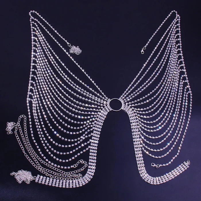 Mandotos International geometric bikini chest chain with crystal and rhinestone accents, featuring a modern, stylish design.