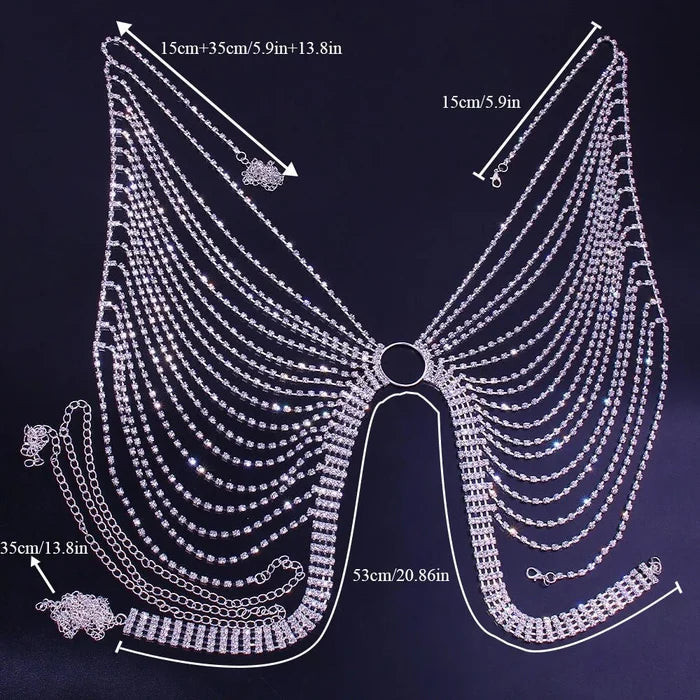 Geometric bikini chest chain by MANDOTOS INTERNATIONAL with crystal and rhinestone accents, featuring intricate metal design.