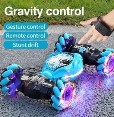 Gesture-controlled transforming stunt car by MANDOTOS with sleek design, ready for action and stunts on a smooth surface.