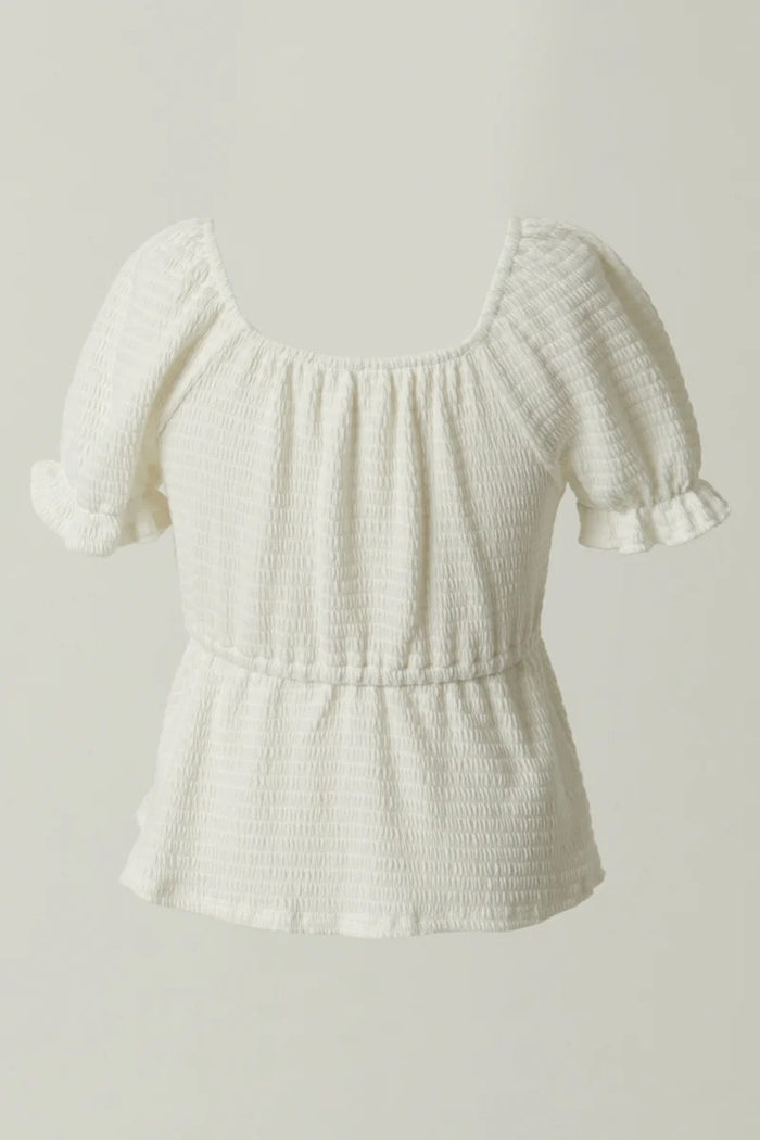 Girls Smocked Textured Knit Cinch Sleeve Babydoll Top