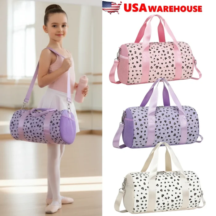 Mandotos International glitter hearts ballet bag for girls, US stock duffel travel and gym bag with colorful heart design.