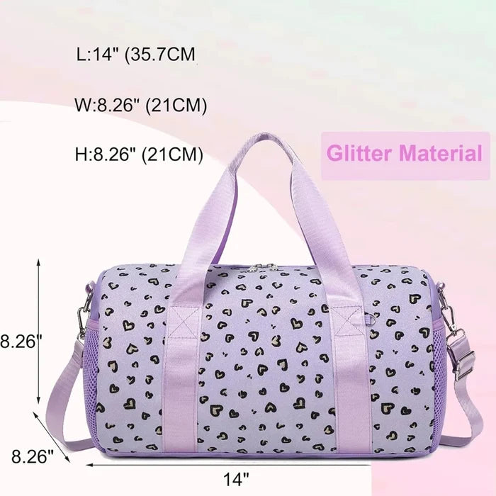 Pink glitter hearts ballet bag for girls by MANDOTOS INTERNATIONAL, featuring a duffel style design for travel and gym use.