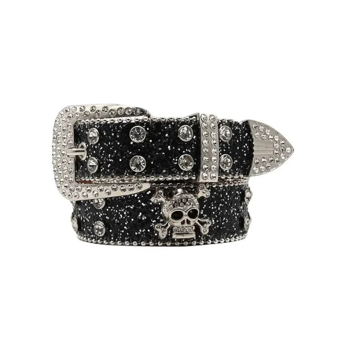 Mandotos Glitzy Skull Fashion Belt with shiny skull buckle and black leather strap, stylish accessory for edgy outfits.
