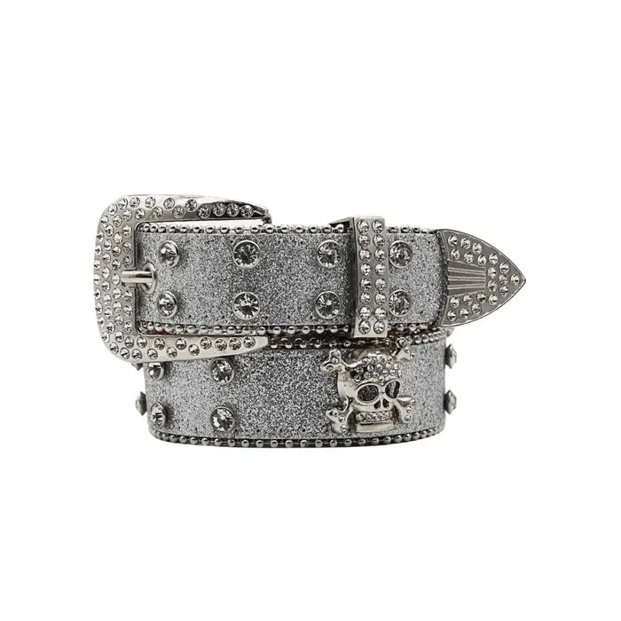 Mandotos Glitzy Skull Fashion Belt with shiny skull buckle and black leather strap for edgy style.