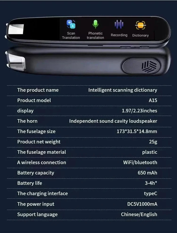 Mandotos Global Language Translator Pen with digital display and multilingual translation capabilities.