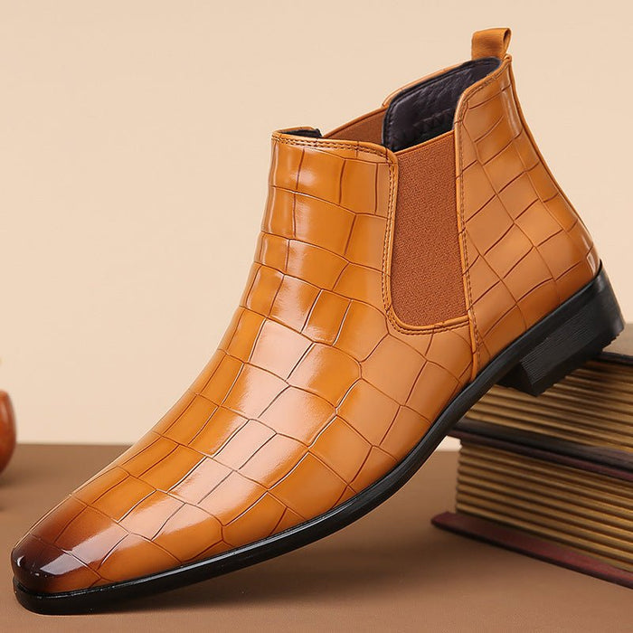 Glossy black high-top men's Chelsea boots by Mandotos International, size 48, with sleek leather finish and elastic side panels.